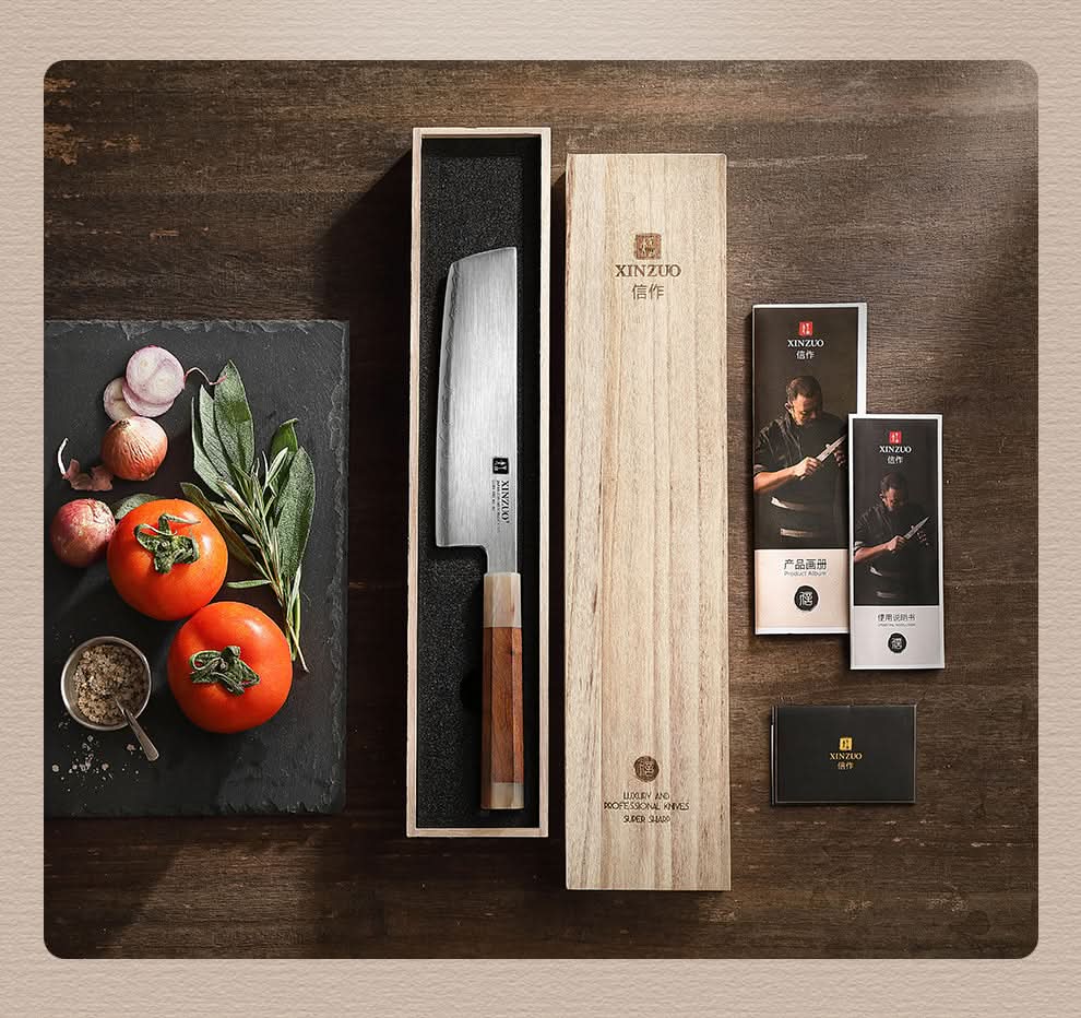 XINZUO Zhen XZ05 Series ZDP-189 Powder Steel Nakiri Knife 7.5 Inch, Made of Three-layer Composite Steel, Hardness Reaches 65-67HRC, Desert lronwood Octagonal HandIe
