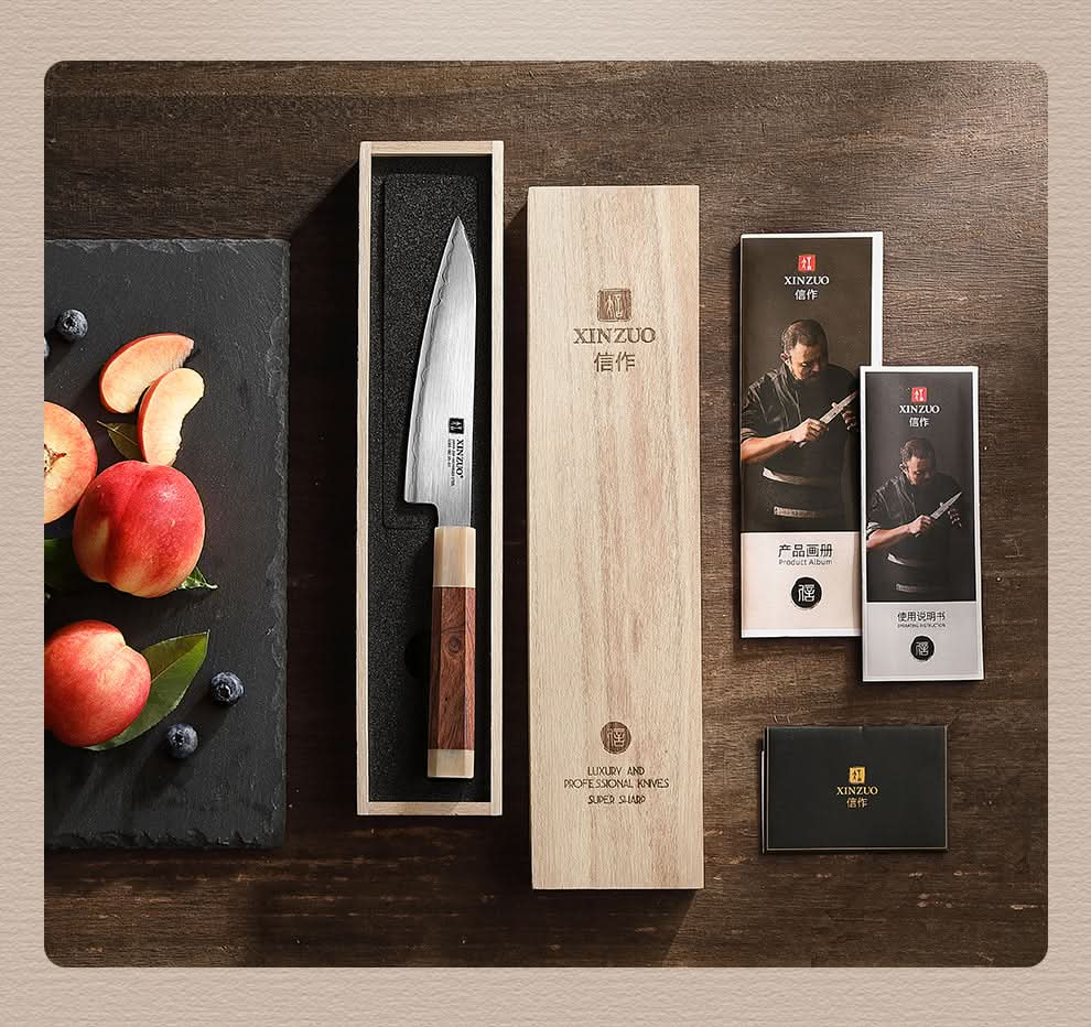 XINZUO Zhen XZ05 Series ZDP-189 Powder Utility Knife 5.5 Inch, Made of Three-layer Composite Steel, Hardness Reaches 65-67HRC, Desert lronwood Octagonal HandIe