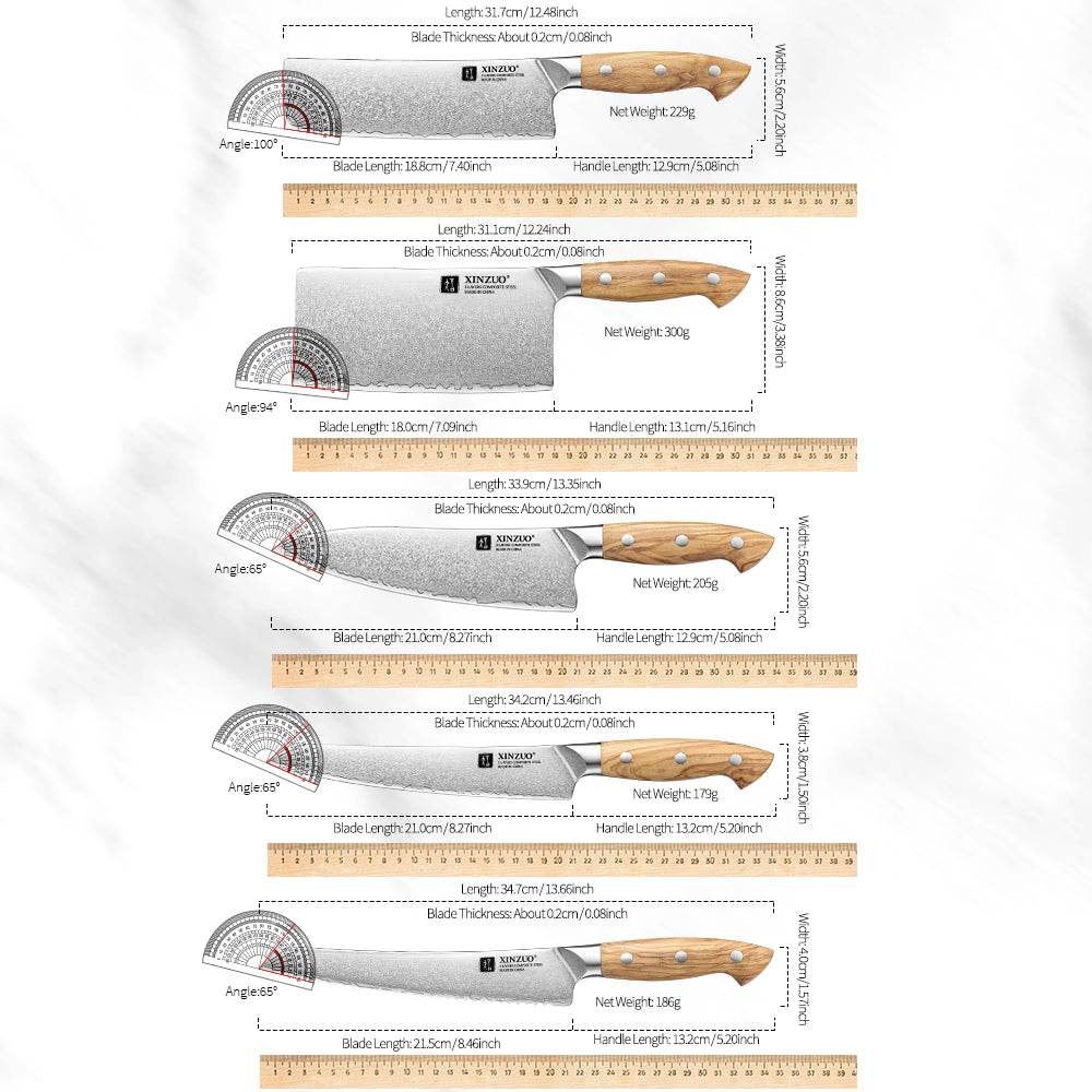 XINZUO 10 PCS Kitchen Knife Set - Triple-Layer Composited Steel with Olive Wood Handle, Razor Sharp & Ergonomic Design-PIN Series