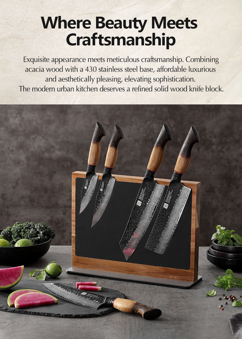 XINZUO Acacia Wood Dual-Side Magnetic Knife Holder with Leather | Raw & Cooked Food Zone Separation for Maximum Hygiene
