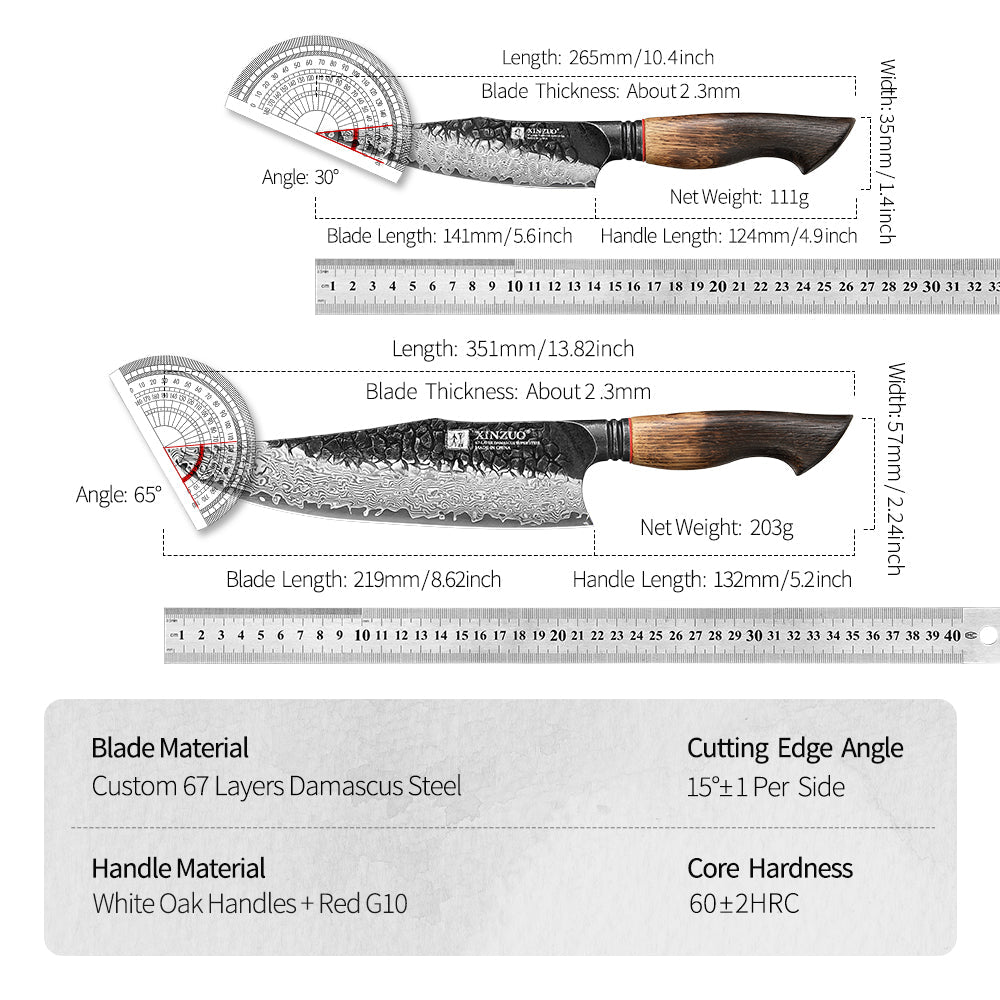 XINZUO 2-Piece Knife Set, 67 Layers Black Damascus Steel Chef Knife and Kitchen Utility Knife with Burnt Oak Handle MO-Series