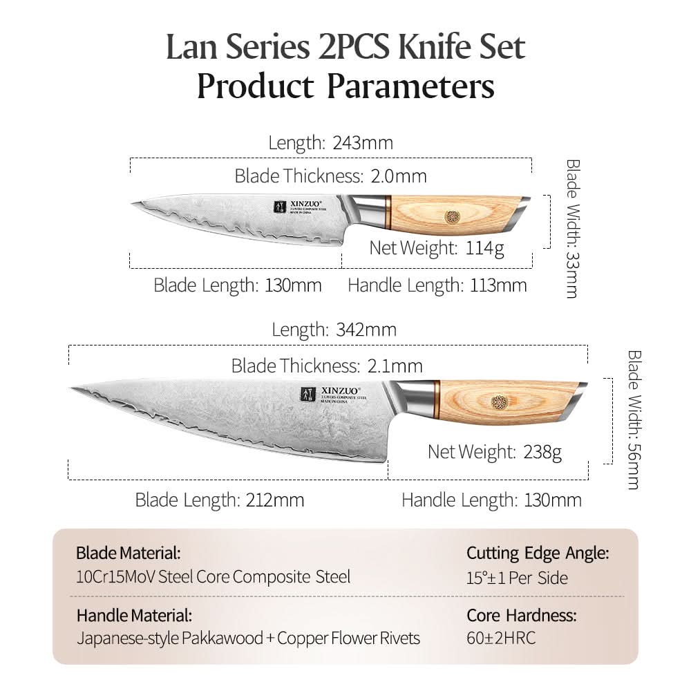 XINZUO Lan Series 3-layer Composite Steel 2PCS Knife Set