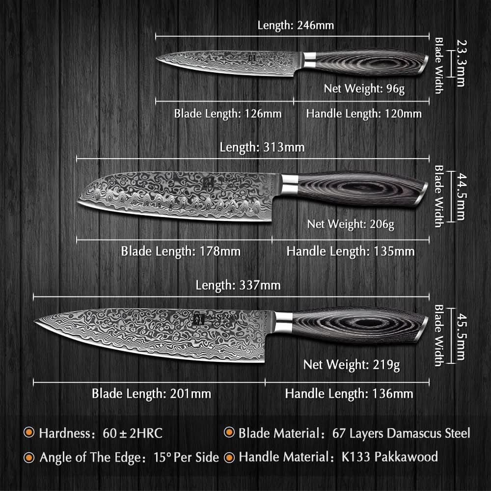 XINZUO 3-Piece 67 Layers Damascus Steel Kitchen Knife Set-Ya Series