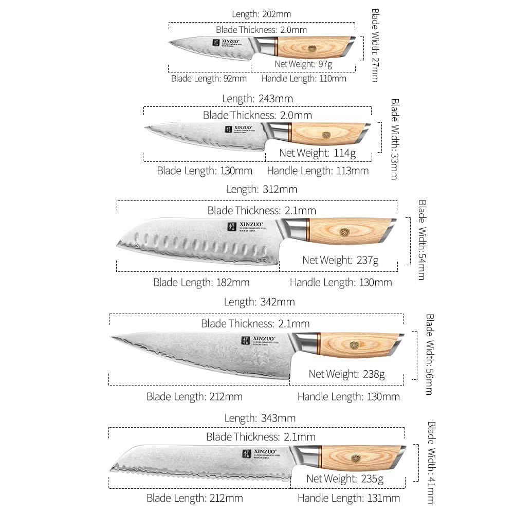 XINZUO Lan Series 3-layer Composite Steel 5PCS Knife Set