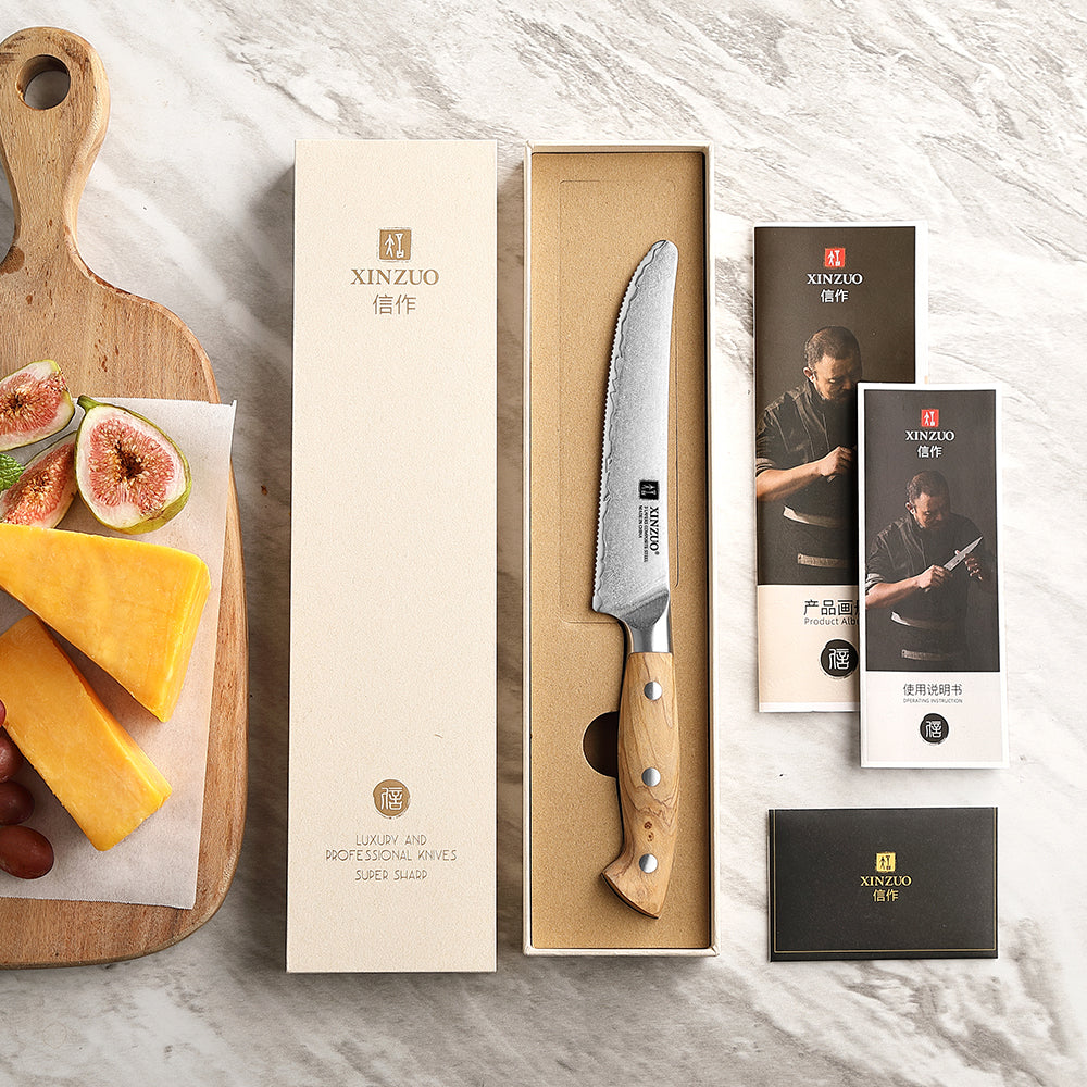 XINZUO Cheese Knife - Triple-Layer Composited Steel with Olive Wood Handle, Razor Sharp & Ergonomic Design-PIN Series