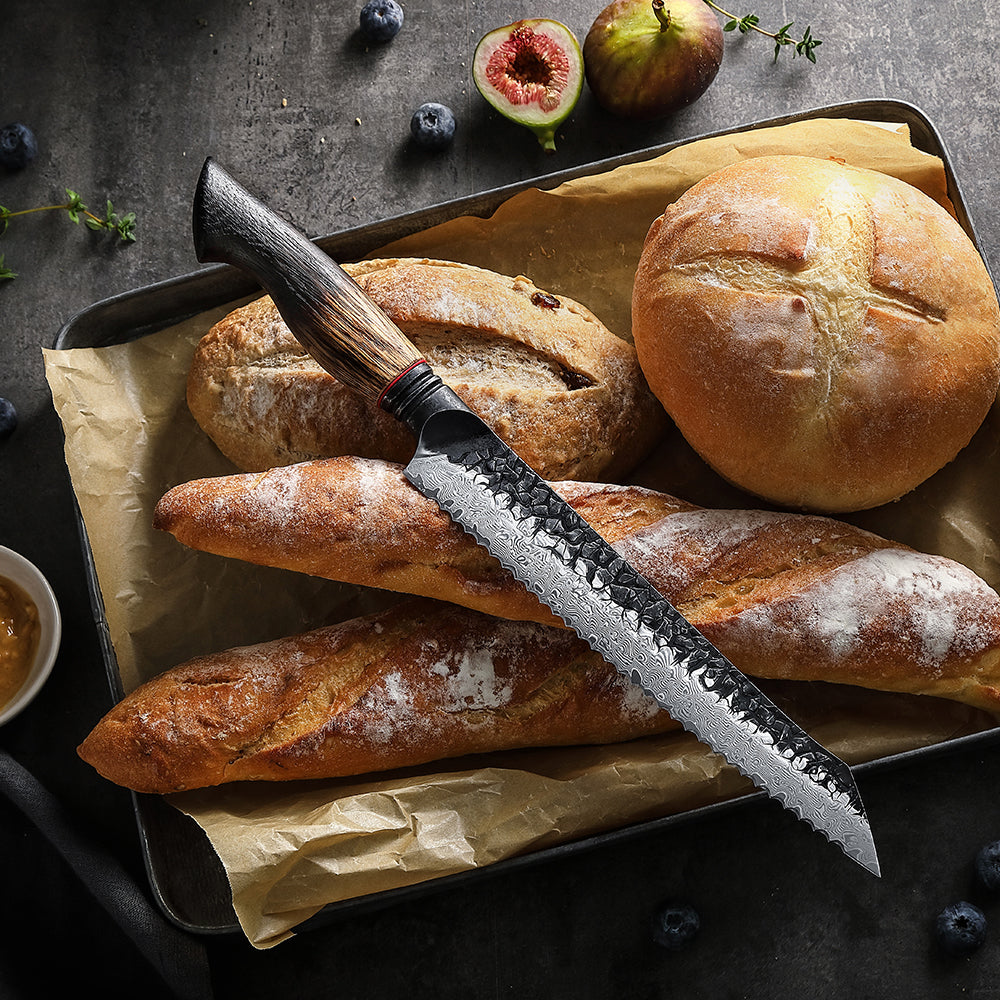XINZUO 8.5 Inches 67 Layers Black Damascus Steel Bread Knife with Burnt Oak Handle MO-Series