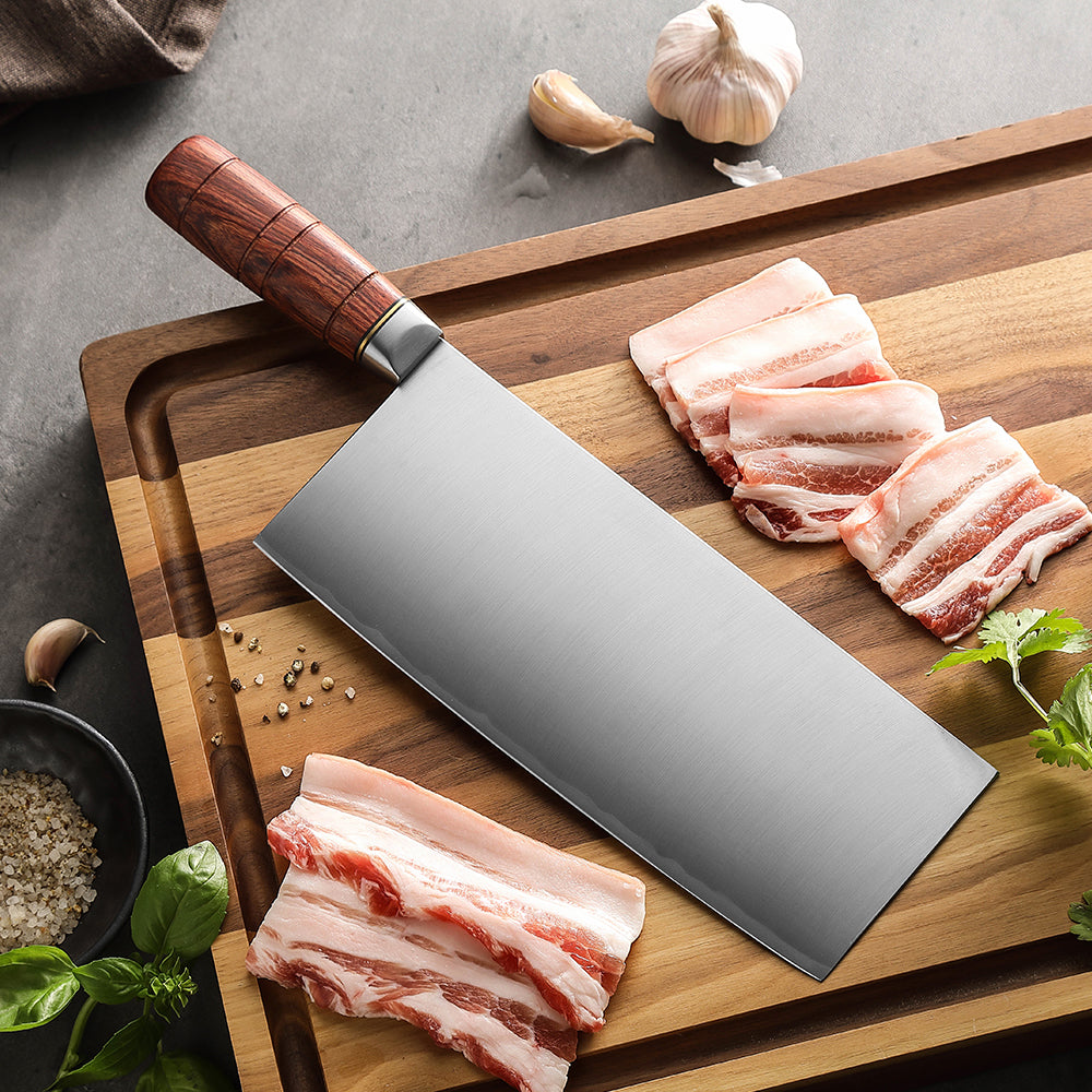 XINZUO 9 Inches Chinese Slicing Knife, 3 Layers Clad Steel with Red Wood Handle & Copper Rivets, 58~60HRC - FU Series