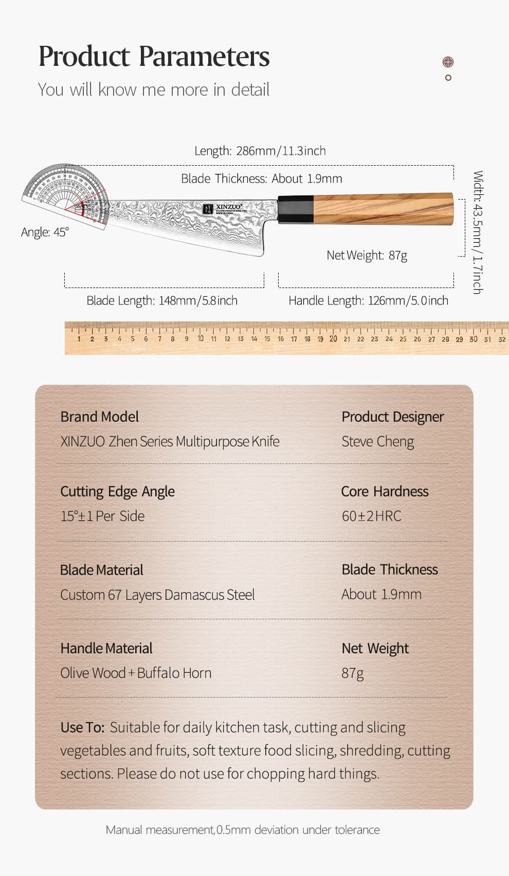 XINZUO PM8 Series 67 Layers Damascus Powder Steel Honesuki Knife 5.8 inches