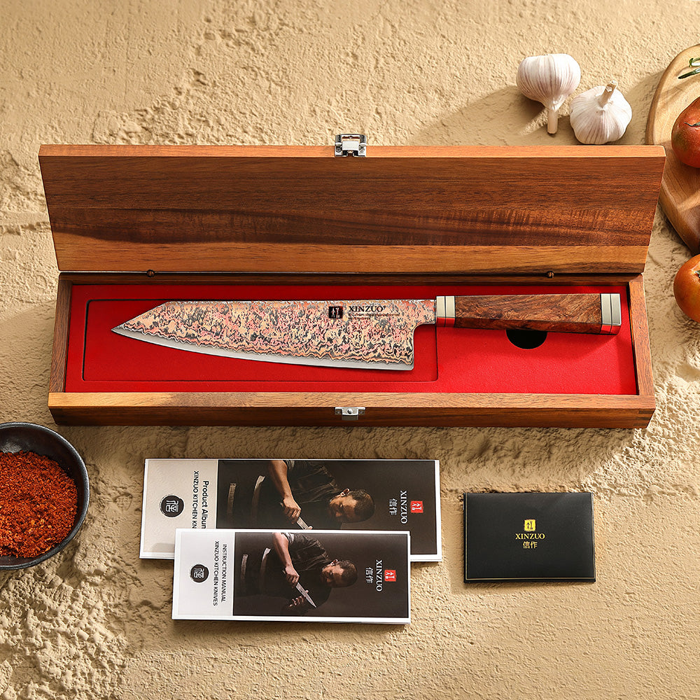 XINZUO 8.3 Inches Kiritsuke Chef Knife, 53-Layer Tri-Color Copper Damascus Steel,Rosewood Handle,Acacia Wooden Gift Box Packing