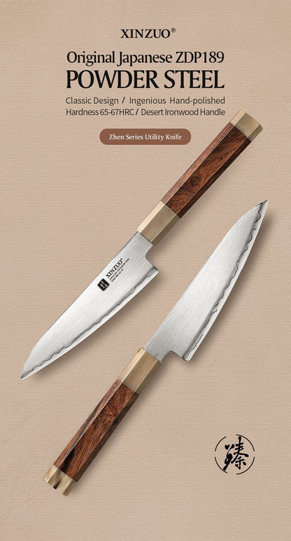 XINZUO Zhen XZ05 Series ZDP-189 Powder Utility Knife 5.5 Inch, Made of Three-layer Composite Steel, Hardness Reaches 65-67HRC, Desert lronwood Octagonal HandIe