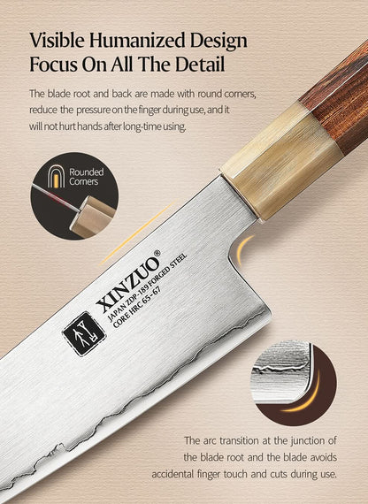 XINZUO Zhen XZ05 Series ZDP-189 Powder Steel Kiritsuke Chef Knife 6.5 Inch, Made of Three-layer Composite Steel, Hardness Reaches 65-67HRC, Desert lronwood Octagonal HandIe