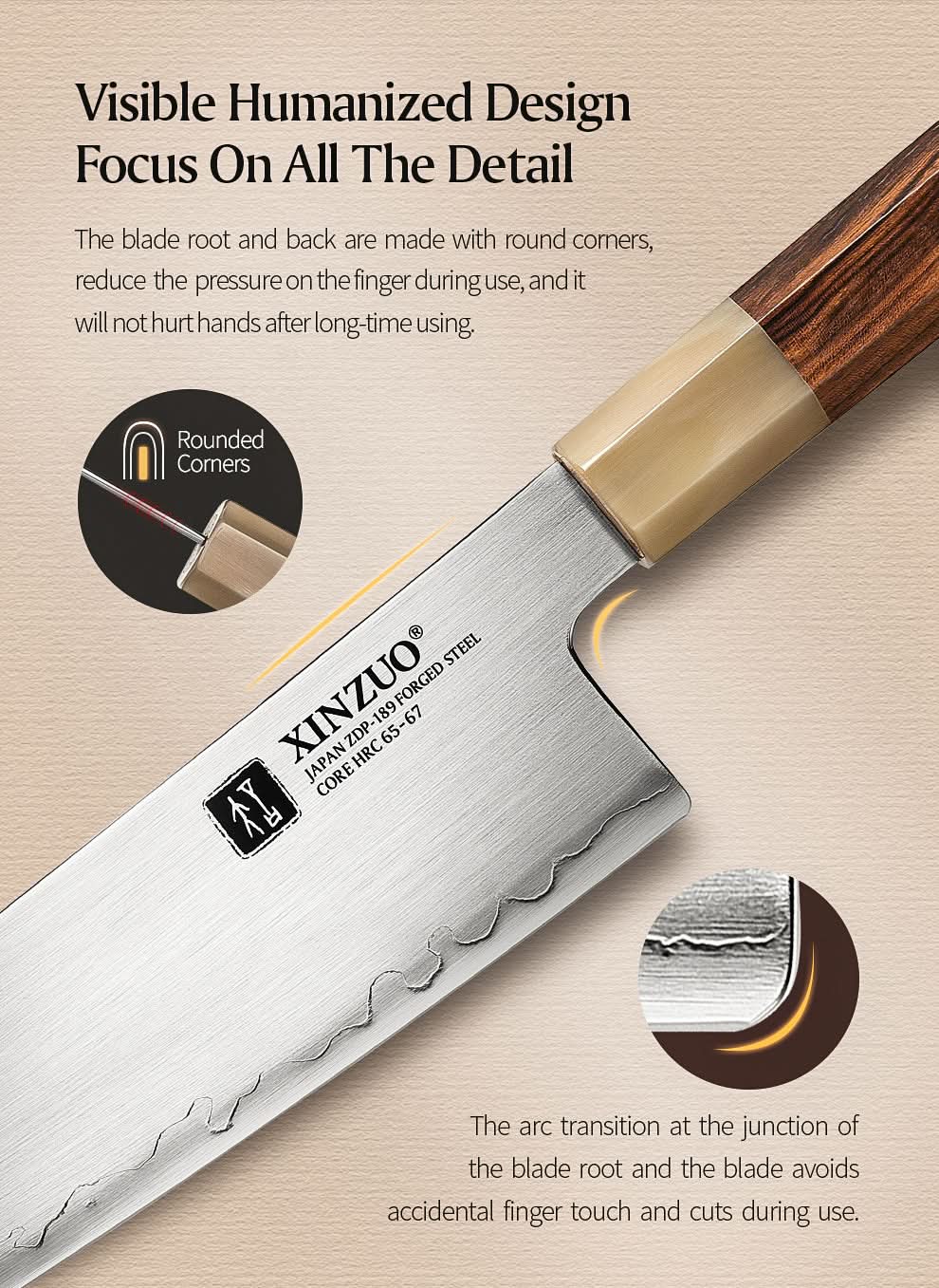 XINZUO Zhen XZ05 Series ZDP-189 Powder Steel Chef Knife 8.5 Inch, Made of Three-layer Composite Steel, Hardness Reaches 65-67HRC, Desert lronwood Octagonal HandIe