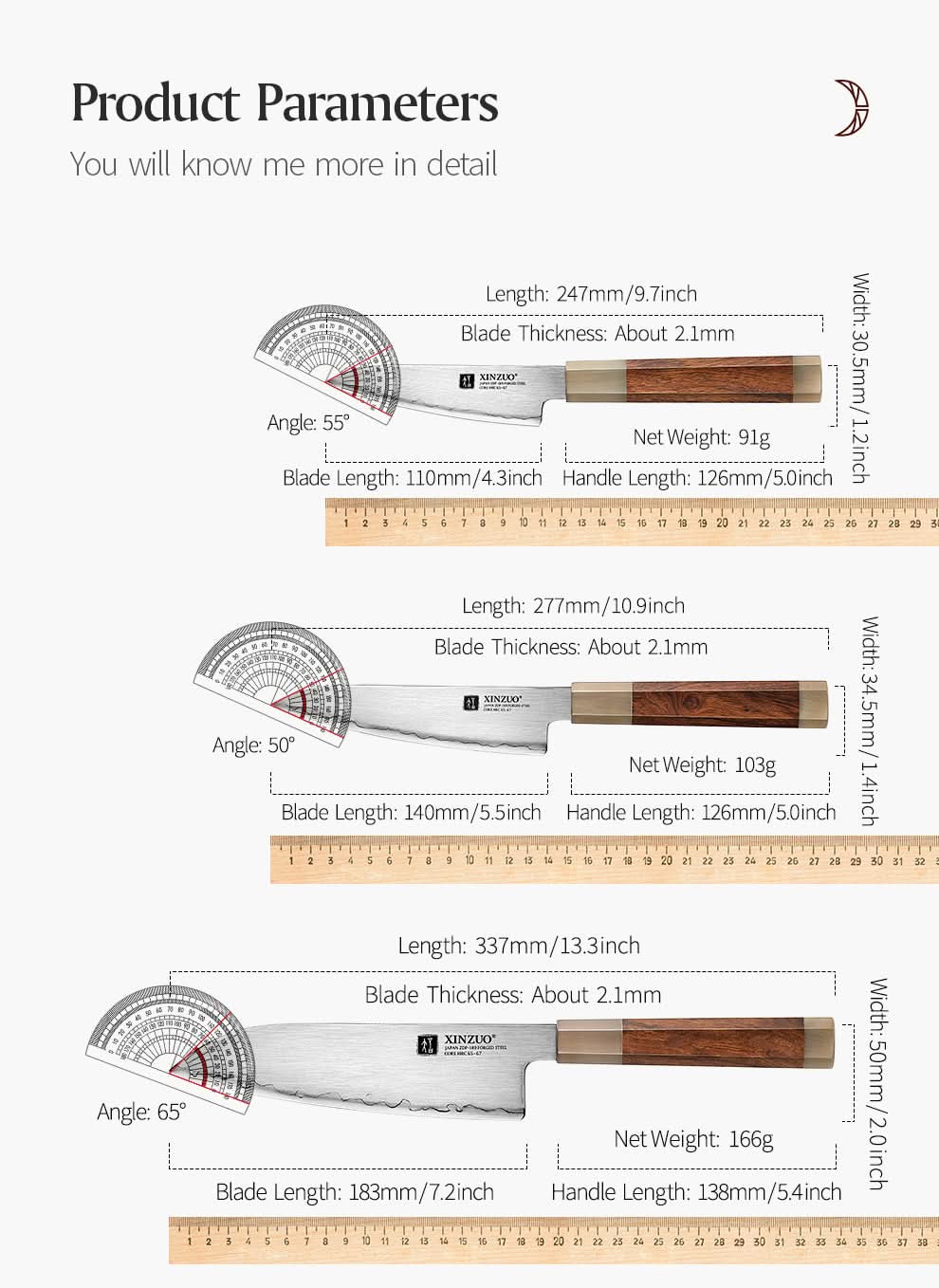 XINZUO Zhen XZ05 Series ZDP-189 Powder Steel Kitchen Knife 5pcs Set, Made of Three-layer Composite Steel, Hardness Reaches 65-67HRC, Desert lronwood Octagonal HandIe