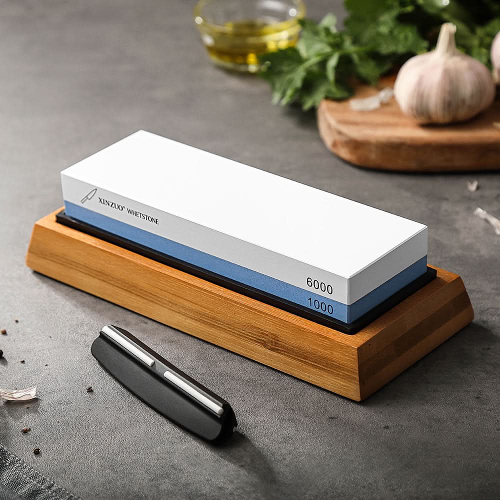XINZUO Double Side 1000/6000 Grit Whetstone Kitchen Knife Accessories Free Gift Include Non-slip Base+ Bamboo Holder+ AngIe Guide