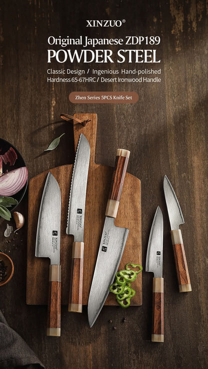 XINZUO Zhen XZ05 Series ZDP-189 Powder Steel Kitchen Knife 5pcs Set, Made of Three-layer Composite Steel, Hardness Reaches 65-67HRC, Desert lronwood Octagonal HandIe