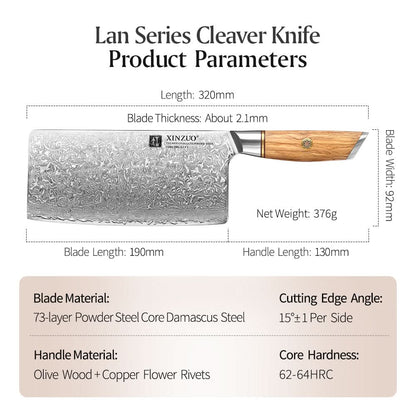 XINZUO Lan Series 73 Layers Damascus Powder Steel 7.5 inch Cleaver knife.
