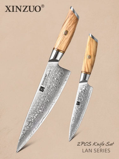 XINZUO Lan Series 73 Layers Damascus Powder Steel 2PCS Knife Set,62-64HRC