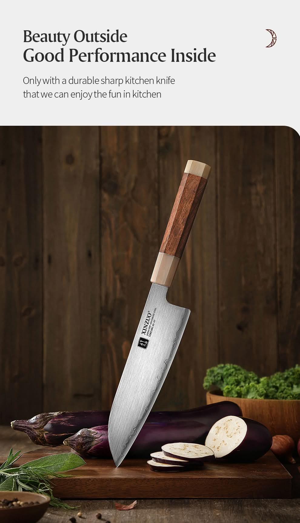 XINZUO Zhen XZ05 Series ZDP-189 Powder Steel Santoku Knife 7.5 Inch, Made of Three-layer Composite Steel, Hardness Reaches 65-67HRC, Desert lronwood Octagonal HandIe