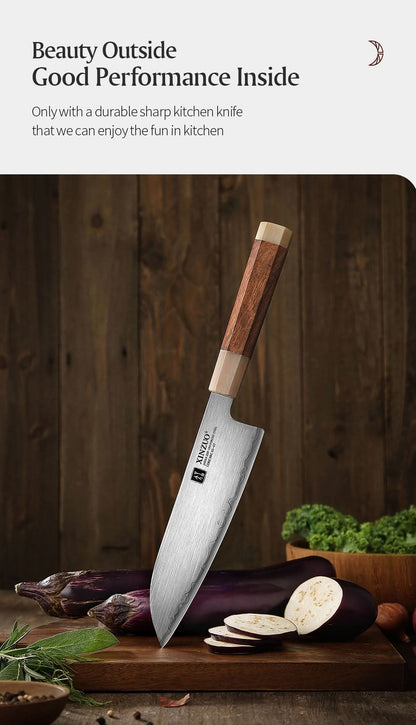 XINZUO Zhen XZ05 Series ZDP-189 Powder Steel Santoku Knife 7.5 Inch, Made of Three-layer Composite Steel, Hardness Reaches 65-67HRC, Desert lronwood Octagonal HandIe