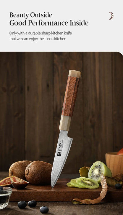 XINZUO Zhen XZ05 Series ZDP-189 Powder Paring Knife 4.5 Inch, Made of Three-layer Composite Steel, Hardness Reaches 65-67HRC, Desert lronwood Octagonal HandIe