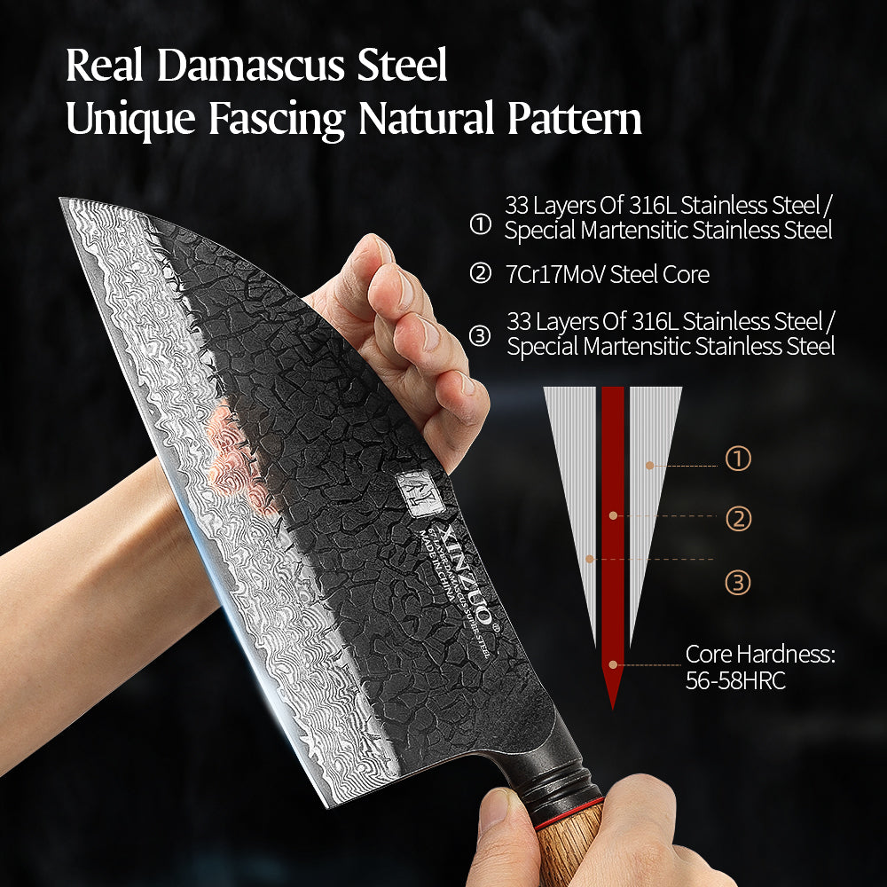 XINZUO 7.3 Inch Heavy Duty Bone Chopping Knife 67 Layers Damascus Steel with Burnt Oak Handle – Professional Butcher & Kitchen Cleaver