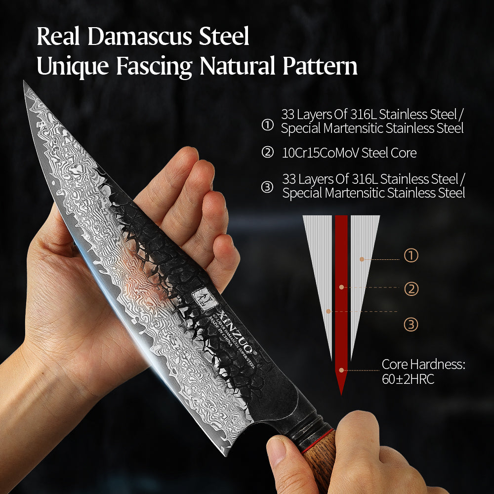 XINZUO 5-Piece Knife Set, 67 Layers Black Damascus Steel,Burnt Oak Handle MO-Series