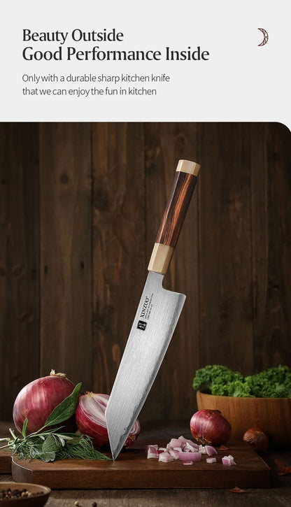 XINZUO Zhen XZ05 Series ZDP-189 Powder Steel Kiritsuke Chef Knife 8.5 Inch, Made of Three-layer Composite Steel, Hardness Reaches 65-67HRC, Desert lronwood Octagonal HandIe