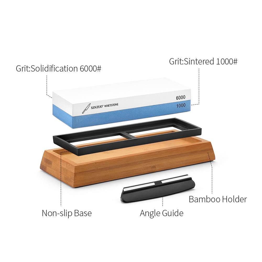 XINZUO Double Side 1000/6000 Grit Whetstone Kitchen Knife Accessories Free Gift Include Non-slip Base+ Bamboo Holder+ AngIe Guide