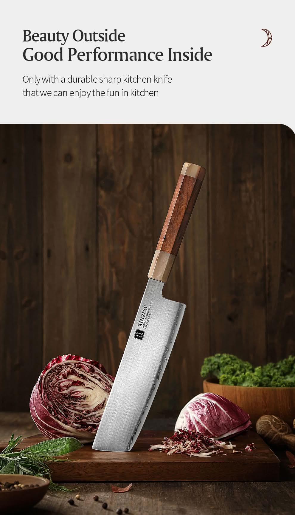 XINZUO Zhen XZ05 Series ZDP-189 Powder Steel Nakiri Knife 7.5 Inch, Made of Three-layer Composite Steel, Hardness Reaches 65-67HRC, Desert lronwood Octagonal HandIe