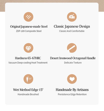 XINZUO Zhen XZ05 Series ZDP-189 Powder Steel Chef Knife 8.5 Inch, Made of Three-layer Composite Steel, Hardness Reaches 65-67HRC, Desert lronwood Octagonal HandIe