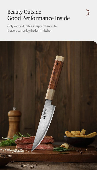 XINZUO Zhen XZ05 Series ZDP-189 Powder Steel Steak Knife 5.5 Inch, Made of Three-layer Composite Steel, Hardness Reaches 65-67HRC, Desert lronwood Octagonal HandIe