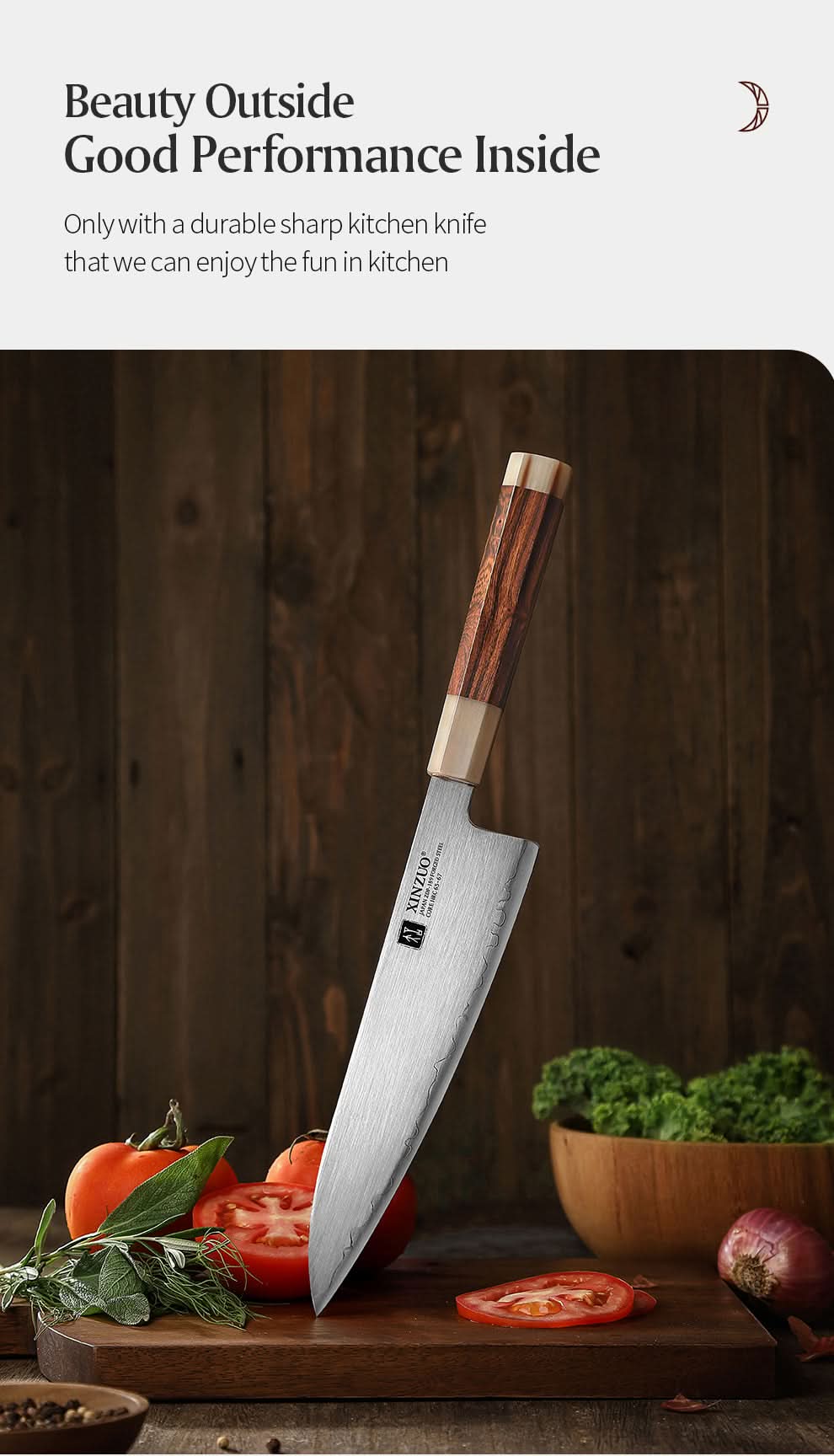 XINZUO Zhen XZ05 Series ZDP-189 Powder Steel Chef Knife 8.5 Inch, Made of Three-layer Composite Steel, Hardness Reaches 65-67HRC, Desert lronwood Octagonal HandIe