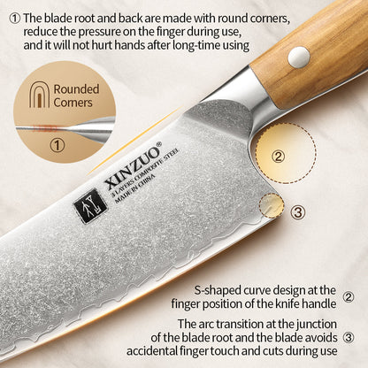 XINZUO 3PCS Kitchen Knife Set - Triple-Layer Composited Steel with Olive Wood Handle, Razor Sharp & Ergonomic Design-PIN Series
