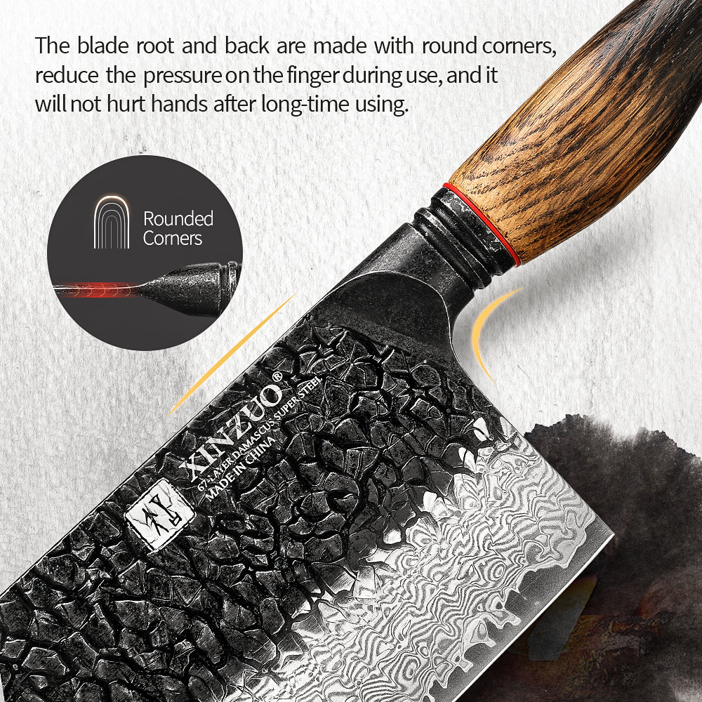 XINZUO 67 Layers Black Damascus Steel Meat Cleaver/Chinese Chef Knife with  Burnt Oak Handle MO-Series