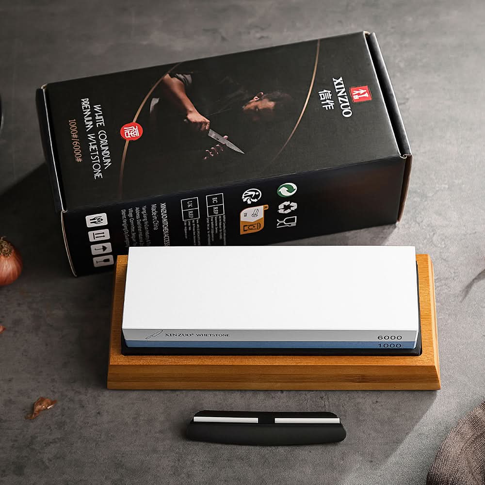 XINZUO Double Side 1000/6000 Grit Whetstone Kitchen Knife Accessories Free Gift Include Non-slip Base+ Bamboo Holder+ AngIe Guide