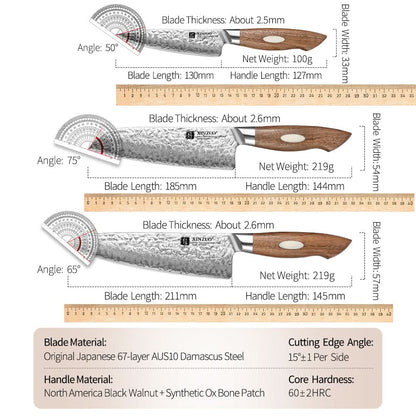 XINZUO 3-Piece  67 Layers Japanese AUS-10 Damascus Steel Kitchen Knife Set-Jiang Series