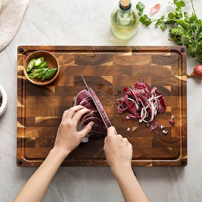XINZUO Large Reversible End Grain Cutting Board - Acacia Wood with Juice Groove,Drain TPR Feet & Gift Box, Size 19.1" x 14" x 1.5"