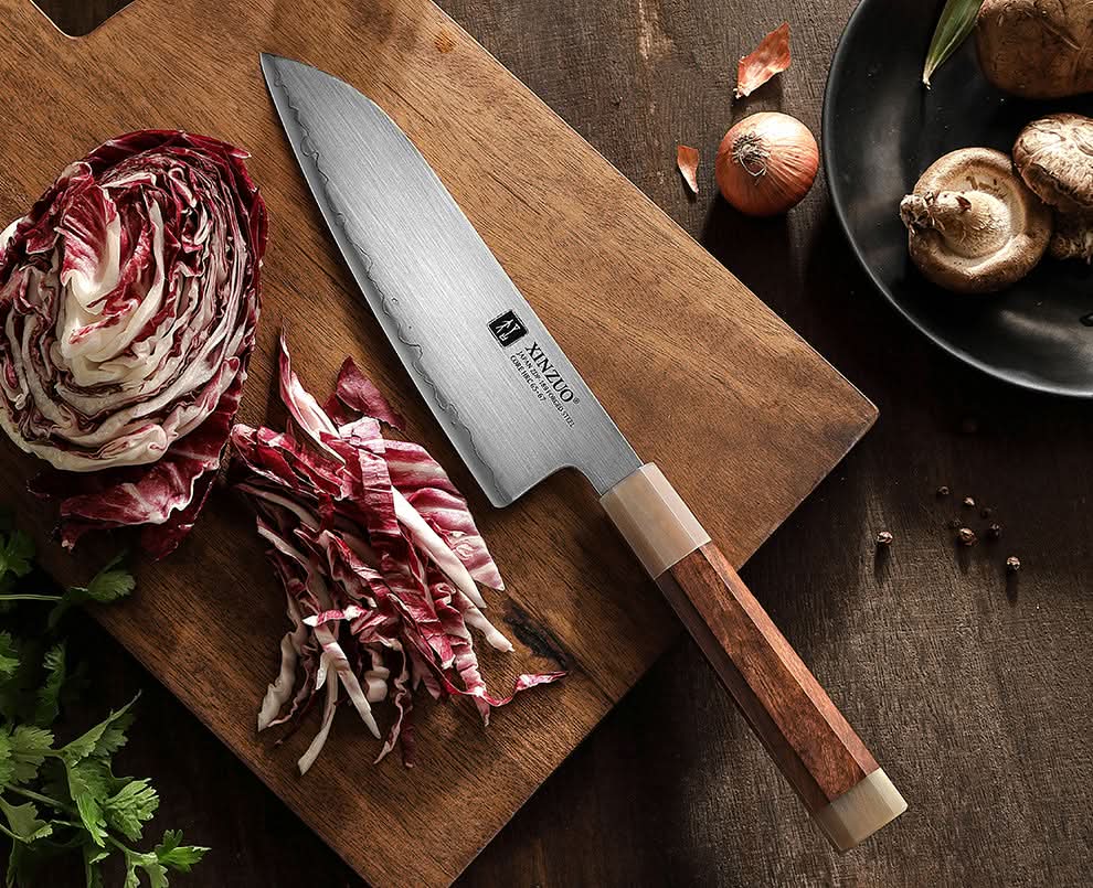 XINZUO Zhen XZ05 Series ZDP-189 Powder Steel Santoku Knife 7.5 Inch, Made of Three-layer Composite Steel, Hardness Reaches 65-67HRC, Desert lronwood Octagonal HandIe