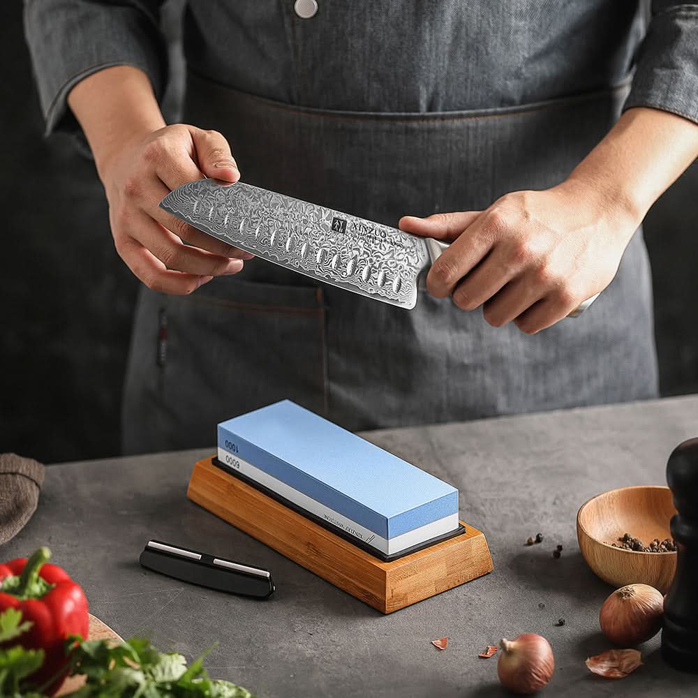 XINZUO Double Side 1000/6000 Grit Whetstone Kitchen Knife Accessories Free Gift Include Non-slip Base+ Bamboo Holder+ AngIe Guide