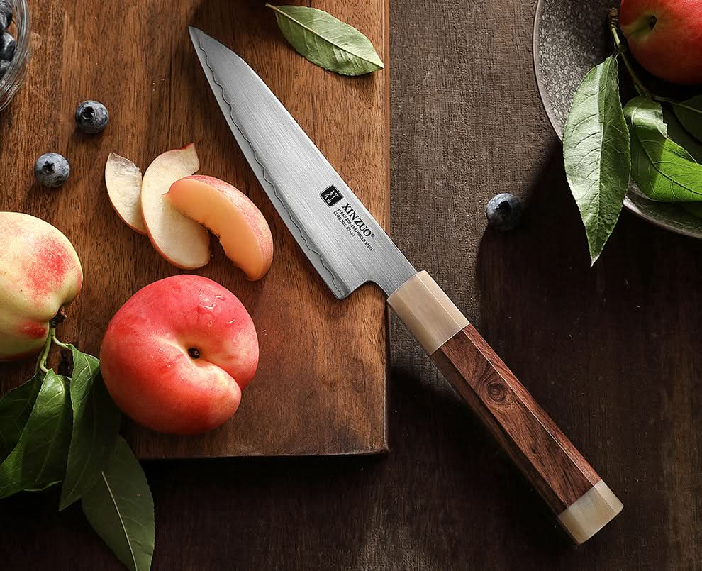 XINZUO Zhen XZ05 Series ZDP-189 Powder Utility Knife 5.5 Inch, Made of Three-layer Composite Steel, Hardness Reaches 65-67HRC, Desert lronwood Octagonal HandIe