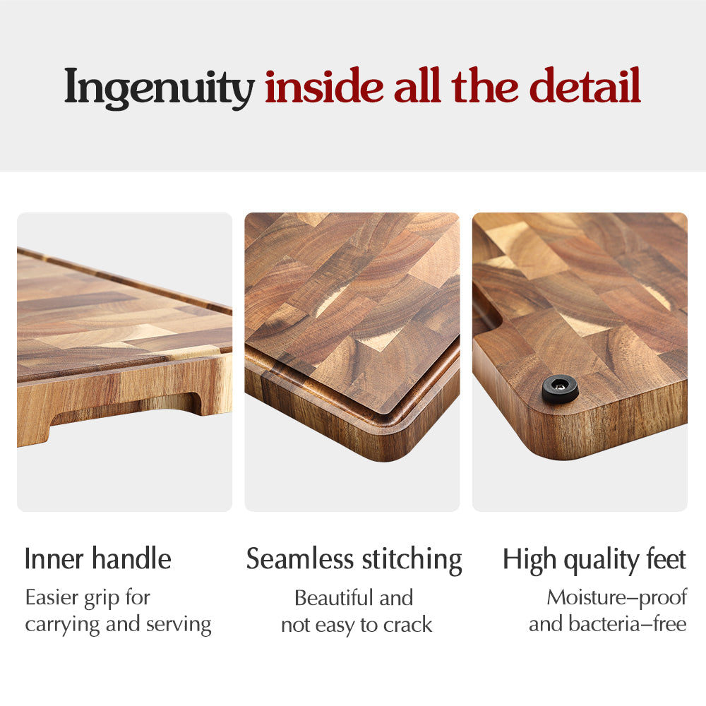 XINZUO Acacia Wood End Grain Cutting Board with Handles & Non-Slip Feet,Gift Box Package, Size 13.8" x 9.8" x 1"