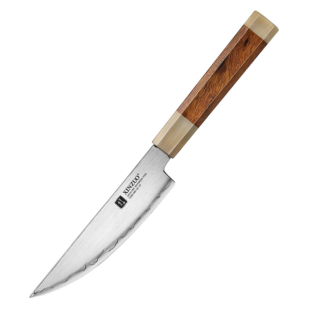 XINZUO Zhen XZ05 Series ZDP-189 Powder Steel Steak Knife 5.5 Inch, Made of Three-layer Composite Steel, Hardness Reaches 65-67HRC, Desert lronwood Octagonal HandIe