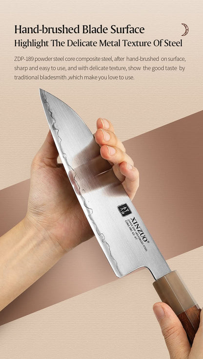XINZUO Zhen XZ05 Series ZDP-189 Powder Steel Santoku Knife 7.5 Inch, Made of Three-layer Composite Steel, Hardness Reaches 65-67HRC, Desert lronwood Octagonal HandIe