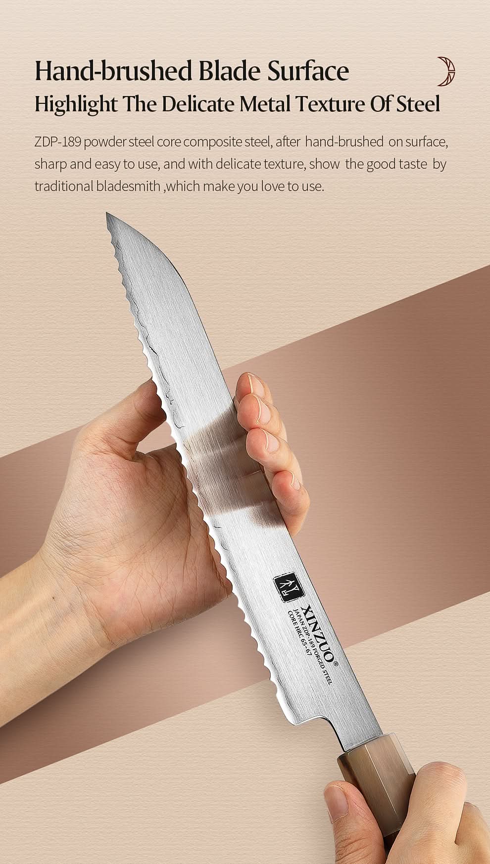 XINZUO Zhen XZ05 Series ZDP-189 Powder Steel Bread Knife 9 Inch, Made of Three-layer Composite Steel, Hardness Reaches 65-67HRC, Desert lronwood Octagonal HandIe