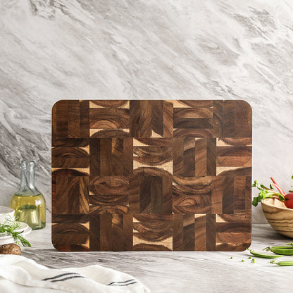 XINZUO Acacia Wood End Grain Cutting Board with Integrated Serving Tray Groove,Anti-Slip Feet,Gift Box, Size 16.1" x 12.2" x 1.65"