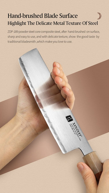 XINZUO Zhen XZ05 Series ZDP-189 Powder Steel Nakiri Knife 7.5 Inch, Made of Three-layer Composite Steel, Hardness Reaches 65-67HRC, Desert lronwood Octagonal HandIe