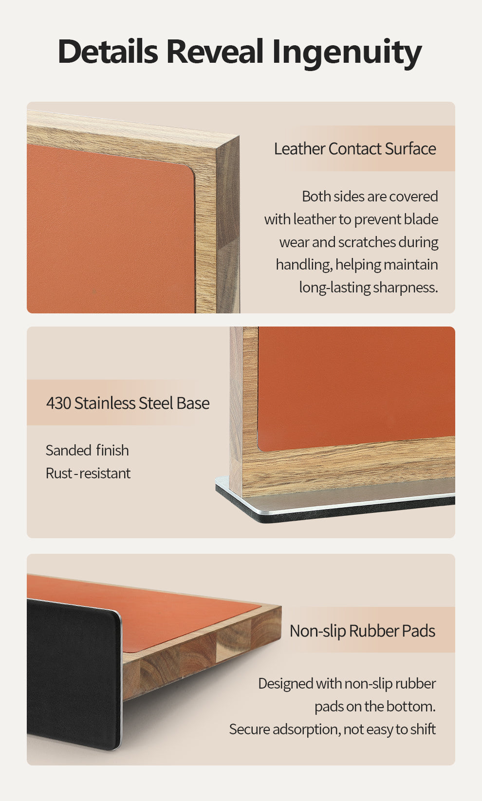 XINZUO Acacia Wood Dual-Side Magnetic Knife Holder with Leather | Raw & Cooked Food Zone Separation for Maximum Hygiene