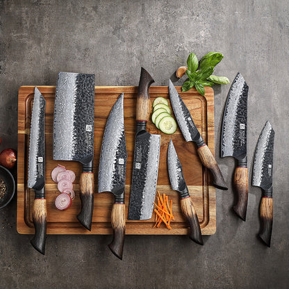 XINZUO 8-Piece Premium Damascus Steel Knife Set - Professional Kitchen Knives with Burnt Oak Handle