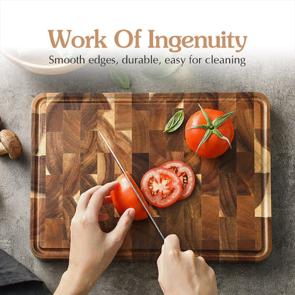 XINZUO Acacia Wood End Grain Cutting Board with Handles & Non-Slip Feet,Gift Box Package, Size 13.8" x 9.8" x 1"
