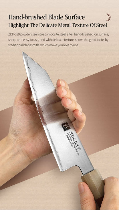 XINZUO Zhen XZ05 Series ZDP-189 Powder Steel Kiritsuke Chef Knife 6.5 Inch, Made of Three-layer Composite Steel, Hardness Reaches 65-67HRC, Desert lronwood Octagonal HandIe